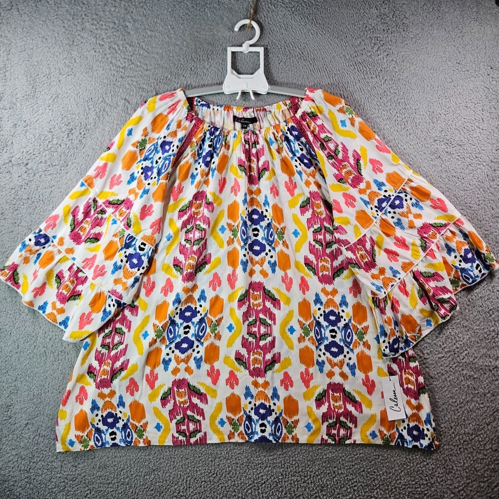 NWT Calessa 2X Tunic Top Blouse Women Colorful Aztec Geometric Lace Detailed